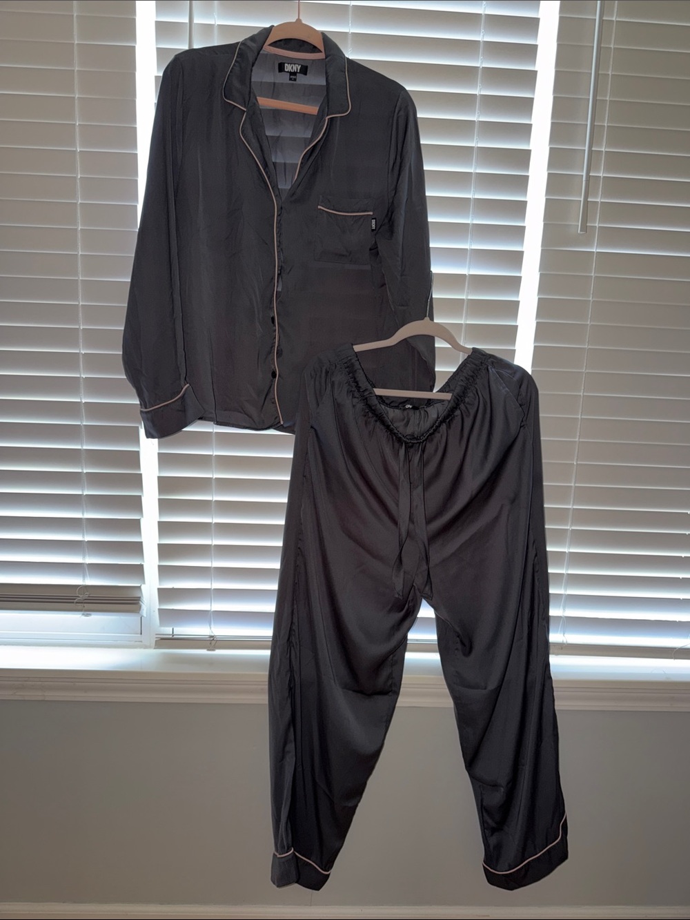 DKNY Gray Satin Pajama Set with Contrast Piping
